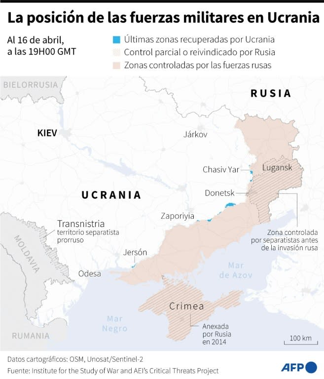 Mapa de Ucrania mostrando las áreas controladas por las fuerzas ucranianas y rusas, al 16 de abril de 2024 a las 19H00 GMT (Cléa Peculier, Sophie Ramis, Valentin Rakovsky)