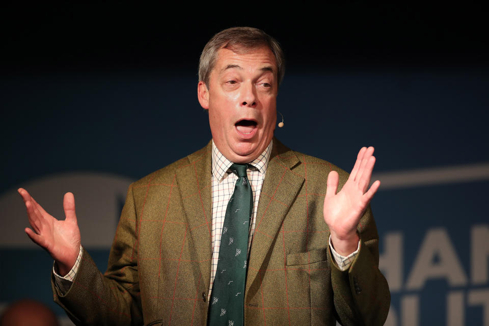 Brexit Party leader Nigel Farage speaking at an event in Barnsley while on the General Election campaign trail.