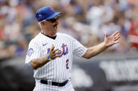 Former New York Mets manager Bobby Valentine reacts as he is introduced during an Old-Timers' Day ceremony before a baseball game between the Colorado Rockies and the New York Mets on Saturday, Aug. 27, 2022, in New York. (AP Photo/Adam Hunger)
