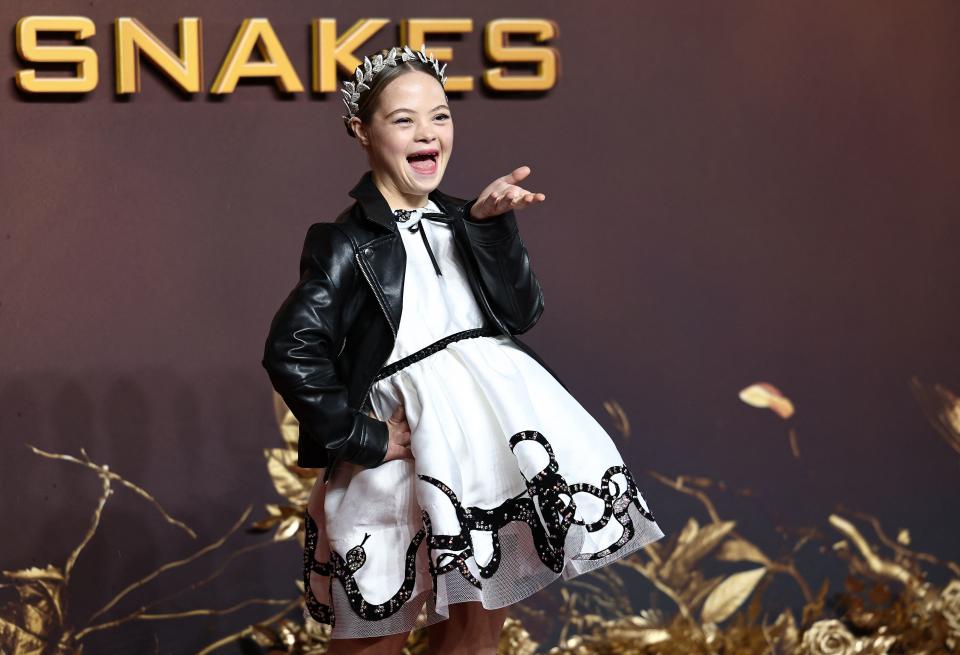 Sofia Sanchez poses on the red carpet for the world premiere of The Hunger Games: The Ballad of Songbirds and Snakes in London on Nov. 9, 2023. (Henry Nicholls/AFP via Getty Images)