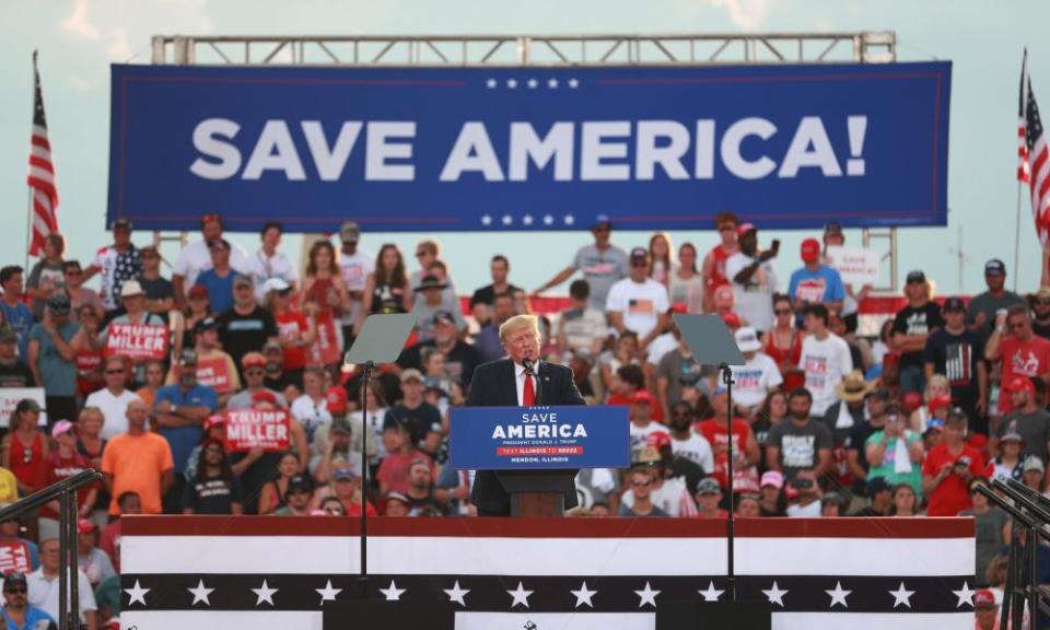 Donald Trump gives remarks during a Save America Rally in Mendon, Illinois.