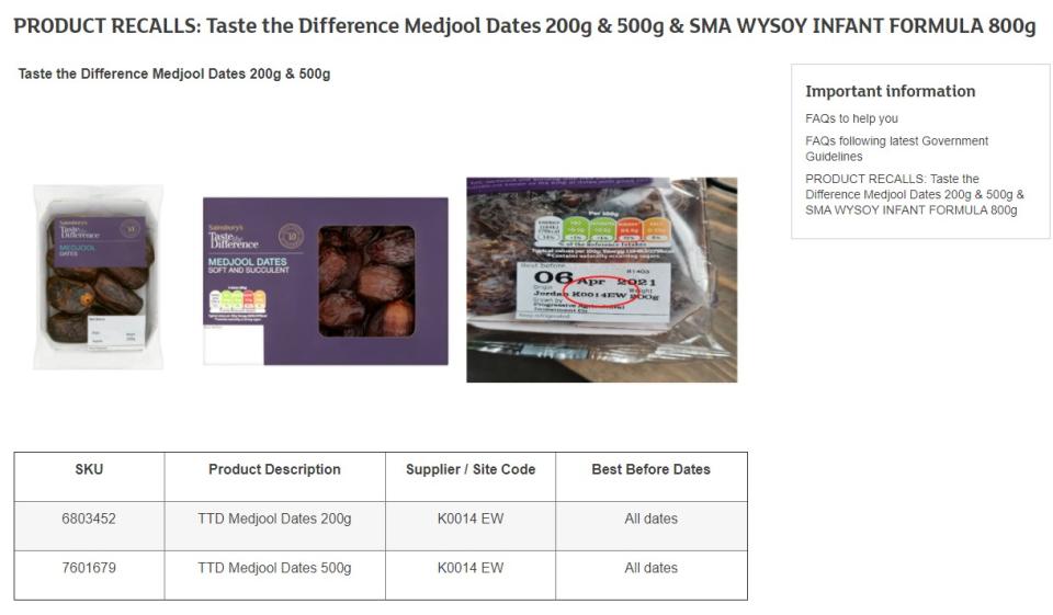 The recall relates to 200g and 500g packs, with supplier or site code of K0014 EW (Sainsbury's)