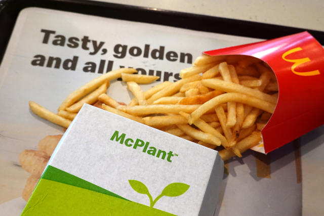 SAN RAFAEL, CALIFORNIA - FEBRUARY 14: In this photo illustration, packaging for the McDonald's McPlant Beyond Meat burger is displayed with French Fries at a McDonald's restaurant on February 14, 2022 in San Rafael, California. Nearly three years after Burger King and Carl's Jr. rolled out meat-free burgers, McDonald's has debuted its McPlant burger made with a Beyond Meat vegetarian patty. For a limited time the burger is being offered at 600 McDonald's restaurants across the country. (Photo illustration by Justin Sullivan/Getty Images)