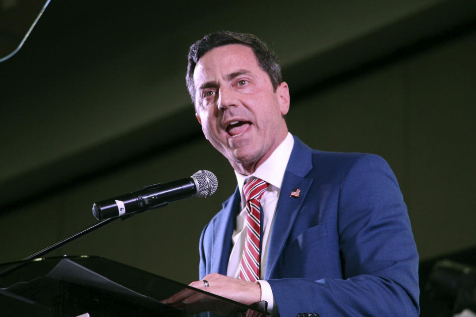 Riverton, Utah, Mayor Trent Staggs, a U.S. Senate candidate endorsed by former President Donald Trump, addresses delegates at the Utah Republican Party Convention, Saturday, April 27, 2024, in Salt Lake City. (AP Photo/Hannah Schoenbaum)