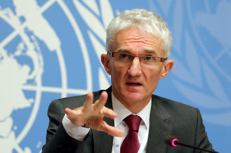 U. N. Under-Secretary-General for Humanitarian Affairs and Emergency Relief Coordinator (OCHA) Mark Lowcock attends a news conference for the launch of the "Global Humanitarian Overview 2019" at the United Nations in Geneva, Switzerland, Decemer 4, 2018. REUTERS/Denis Balibouse