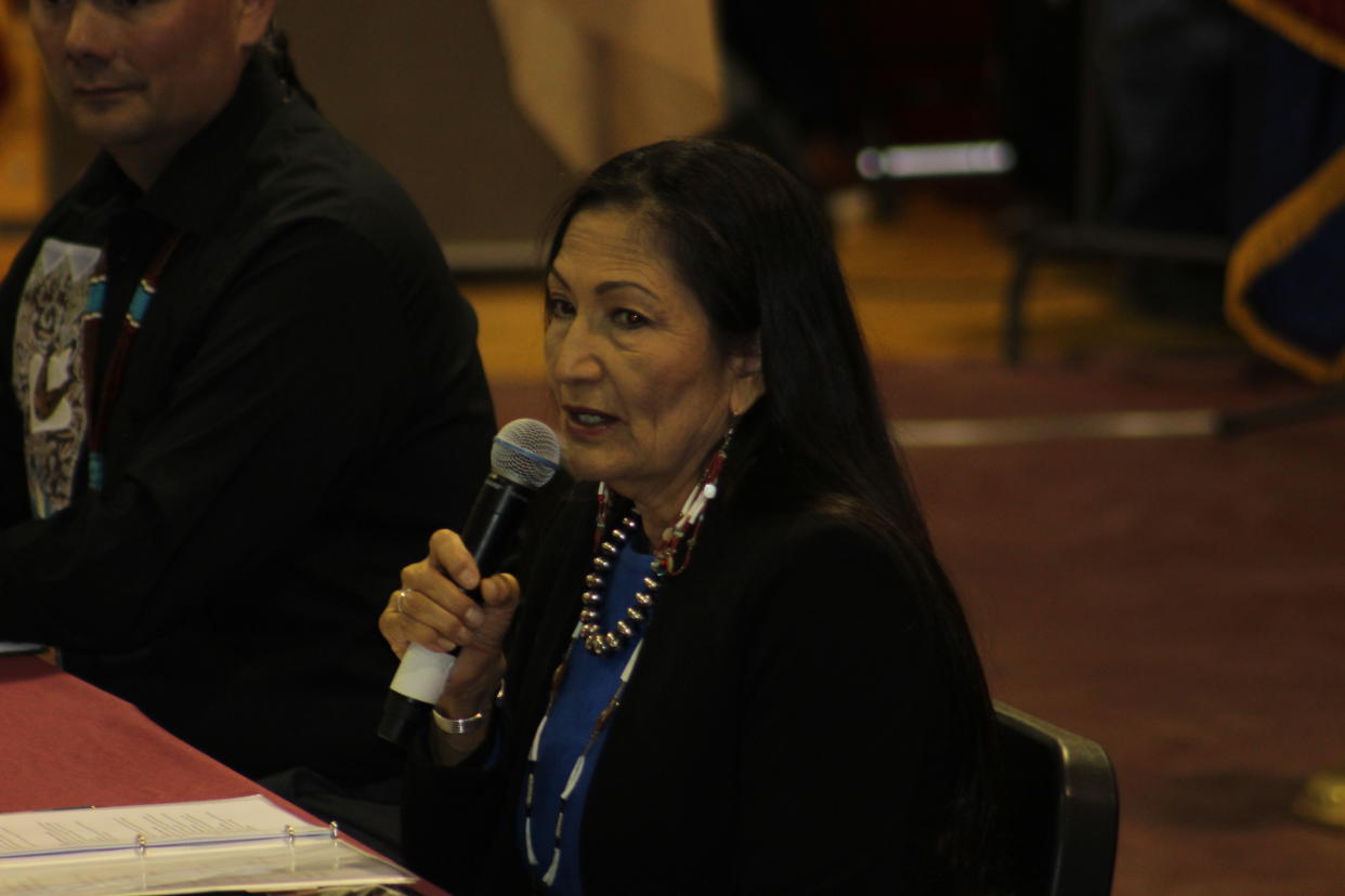 Sec. Deb Haaland addresses the audience at The Road to Healing tour stop at Many Farms, Ariz. on the Navajo Indian Reservation. (Photo/Levi Rickert for Native News Online)