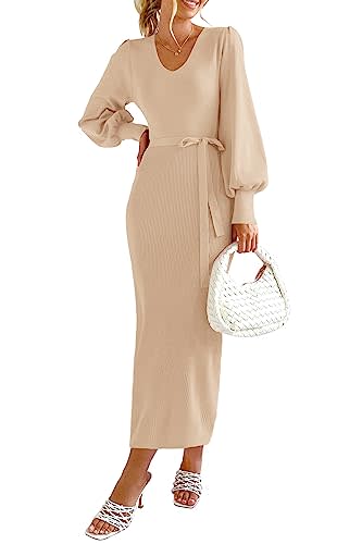 PRETTYGARDEN Women's Elegant Long Lantern Sleeve Short Dress Crewneck Tie  Waist Knit Cocktail Dress