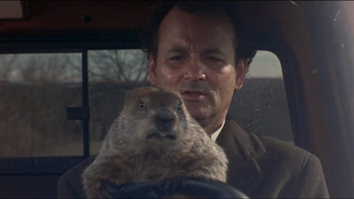 Phil can't stop living the same day over and over in "Groundhog Day."