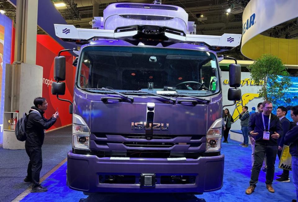 Gatik’s Class 7 Isuzu F-Series truck, on display at the Consumer Electronics Show in Las Vegas, is its latest model equipped with autonomous technology. (Photo: Alan Adler/FreightWaves)