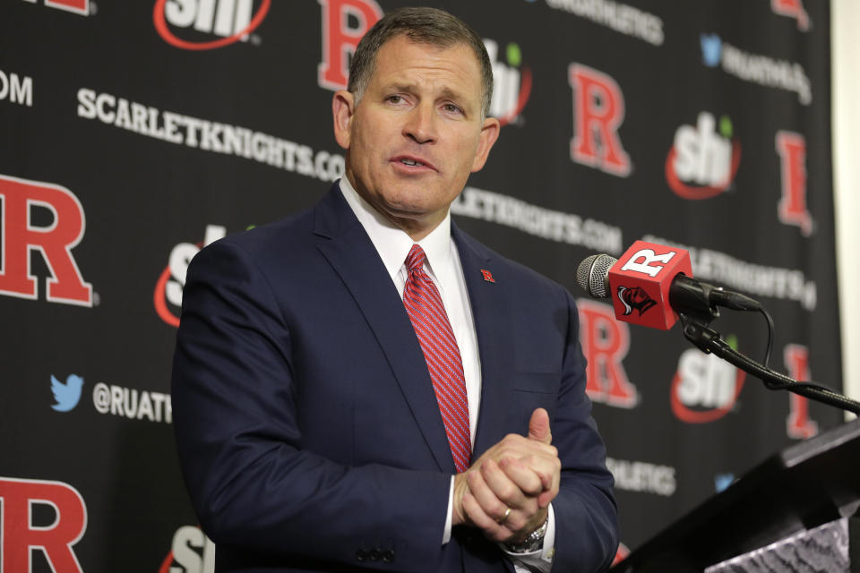 New Rutgers NCAA college football head coach Greg Schiano speaks at an introductory news conference in Piscataway, N.J., Wednesday, Dec. 4, 2019. After an on-again, off-again courtship, Schiano is back as Rutgers football coach. (AP Photo/Seth Wenig)