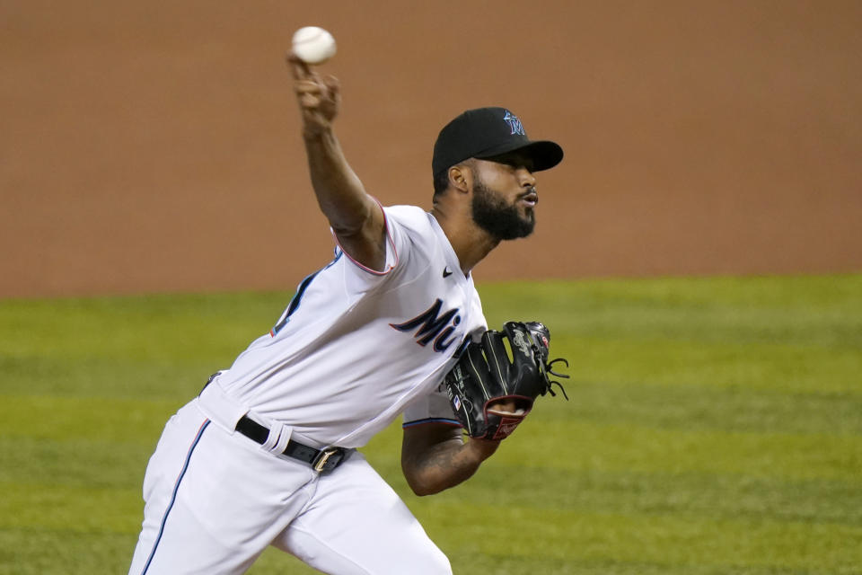 FILE - Miami Marlins starting pitcher Sandy Alcantara throws during the first inning of a baseball game against the Boston Red Sox in Miamio, in this Tuesday, Sept. 15, 2020, file photo. Alcantara has pitched less than 300 innings and has a career record of 11-19, but the Marlins are counting on him to lead a parade of talented young starting pitchers who are considered the team's strength. (AP Photo/Lynne Sladky, File)