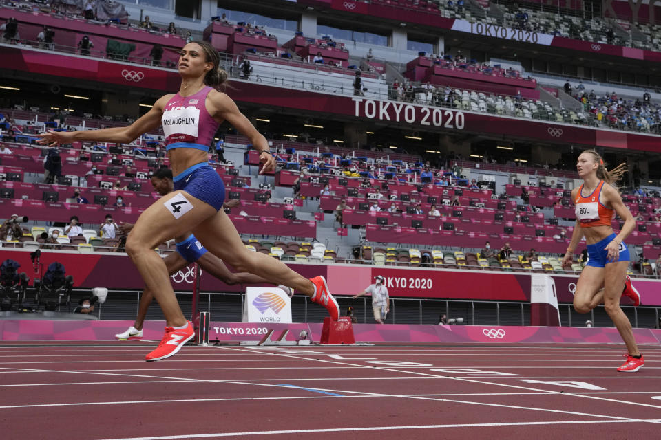 Sydney McLaughlin, of the United States, wins the women's 400-meter hurdles final at the 2020 Summer Olympics, Wednesday, Aug. 4, 2021, in Tokyo, Japan. (AP Photo/Petr David Josek)