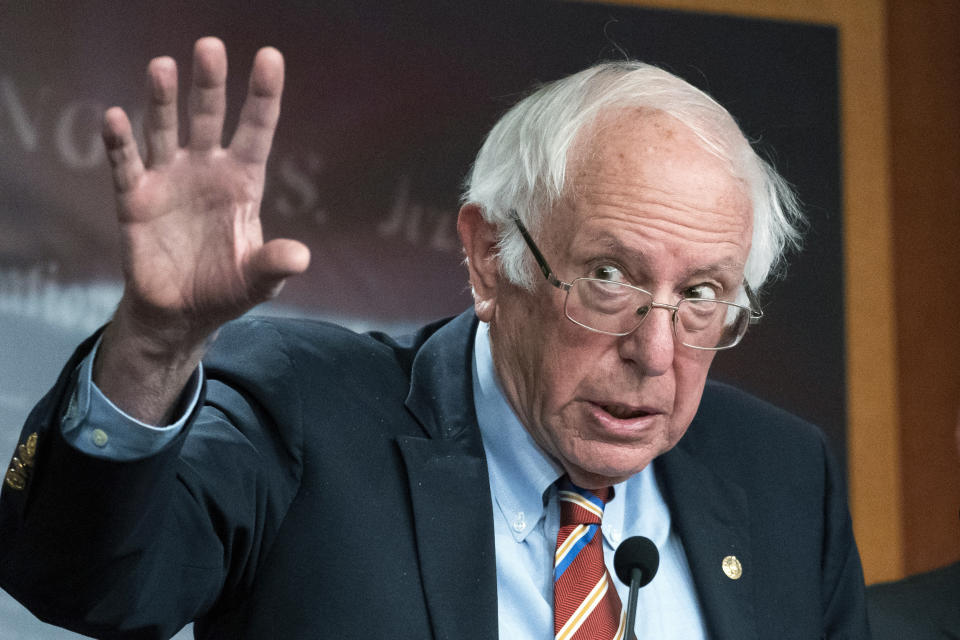 FILE - Sen. Bernie Sanders, I-Vt., speaks during a news conference on Capitol Hill, Nov. 3, 2021, in Washington. With elections in view and Democrats' headline domestic bill in a rut, Sanders and Senate Majority Leader Chuck Schumer of N.Y., have very different views of how things are going in their chamber. “I know we're spending the week dealing with assistant secretaries of something or other, and that's terribly important," Sanders, the progressive firebrand and Vermont independent, said dryly Wednesday, Feb. 9, 2022. (AP Photo/Alex Brandon, File)