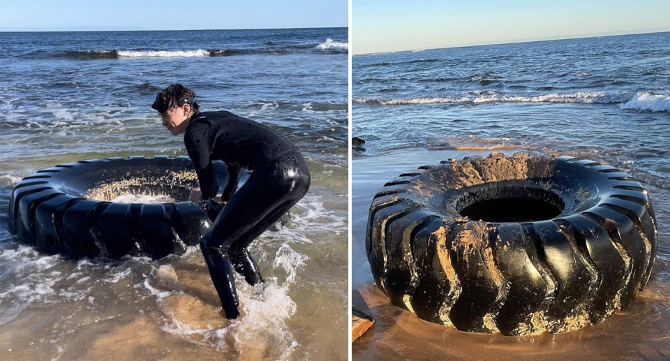 A teen is seeing attempting to remove the tyre. 