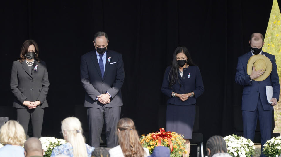 Vice President Kamala Harris and her husband Douglas Emhoff attend a memorial for the passengers and crew of United Flight 93, Saturday Sept. 11, 2021, in Shanksville, Pa., on the 20th anniversary of the Sept. 11, 2001, attacks. Secretary of Interior Deb Haaland and Gordon Felt, brother of Edward Porter Felt and President of Familes for Flight 93, are right. (AP Photo/Jacquelyn Martin)