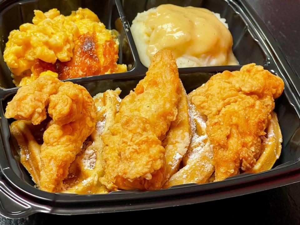 Josanne’s offers three chicken tenders on a waffle and your choice of two sides.