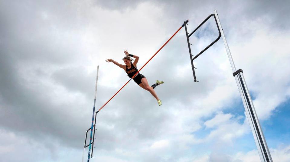 Capital junior Hana Moll clears the bar at 13’ 6” en route to a second-place finish in the 3A girls pole vault competition during the second day of the WIAA State Track and Field Championships at Mount Tahoma High School in Tacoma, Washington on Friday, May 27, 2022.