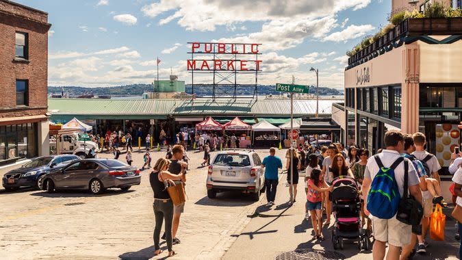 Seattle, Washington, USA - July 6, 2018: Pike Place Market or Public Market Center in summer season, Seattle, Washington, USA.