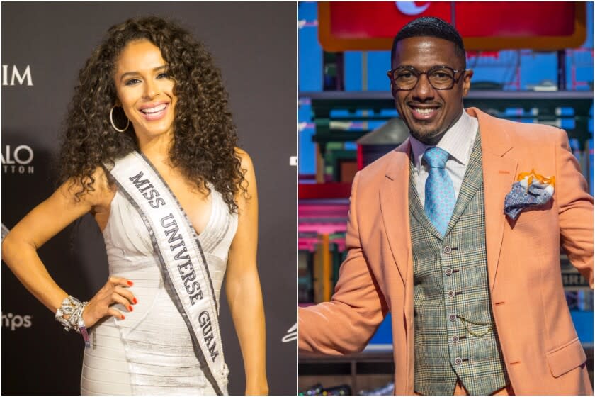 A split image of a woman posing in a silver dress and "Miss Universe Guam" sash and a man posing in glasses and a peach suit