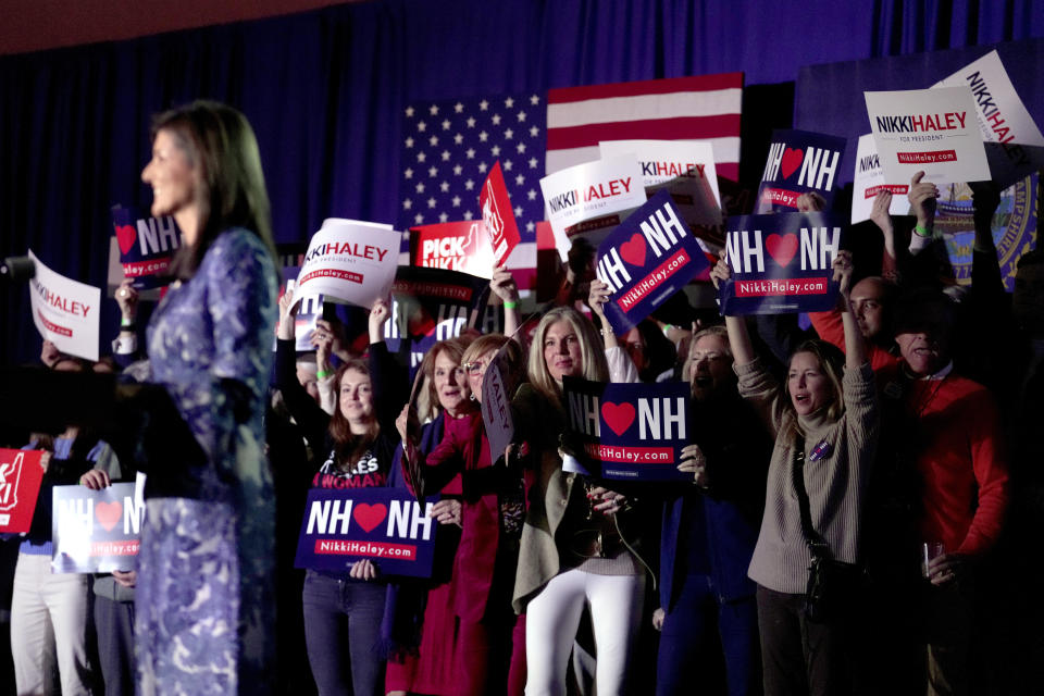 Supports cheer as Republican presidential candidate former UN Ambassador Nikki Haley speaks at a New Hampshire primary night rally, in Concord, N.H., Tuesday Jan. 23, 2024. (AP Photo/Charles Krupa)