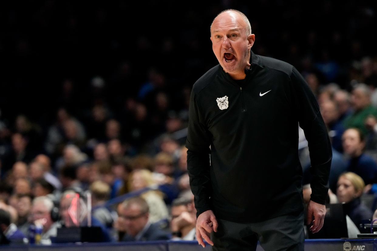 Butler Bulldogs head coach Thad Matta shouts to his defense in the first half of the NCAA Big East basketball game between the Xavier Musketeers and the Butler Bulldogs at the Cintas Center in Cincinnati on Tuesday, Jan. 16, 2024.