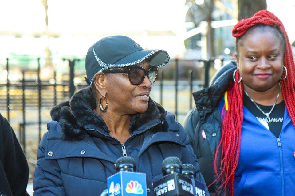 Wayne Gardine's mother, Grace Davis, speaks at a press conference on Monday.