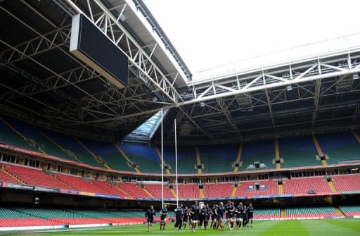 France's rugby union national team players run during a training session on March 16, at the Millenium stadium in Cardiff, on the eve of their rugby union Six Nations match against Wales. A capacity crowd of more than 74,500 is expected at the stadium as Wales bid for what would be a third Slam in eight seasons