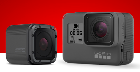 The GoPro Hero5 camera is shown in front of a red and white background