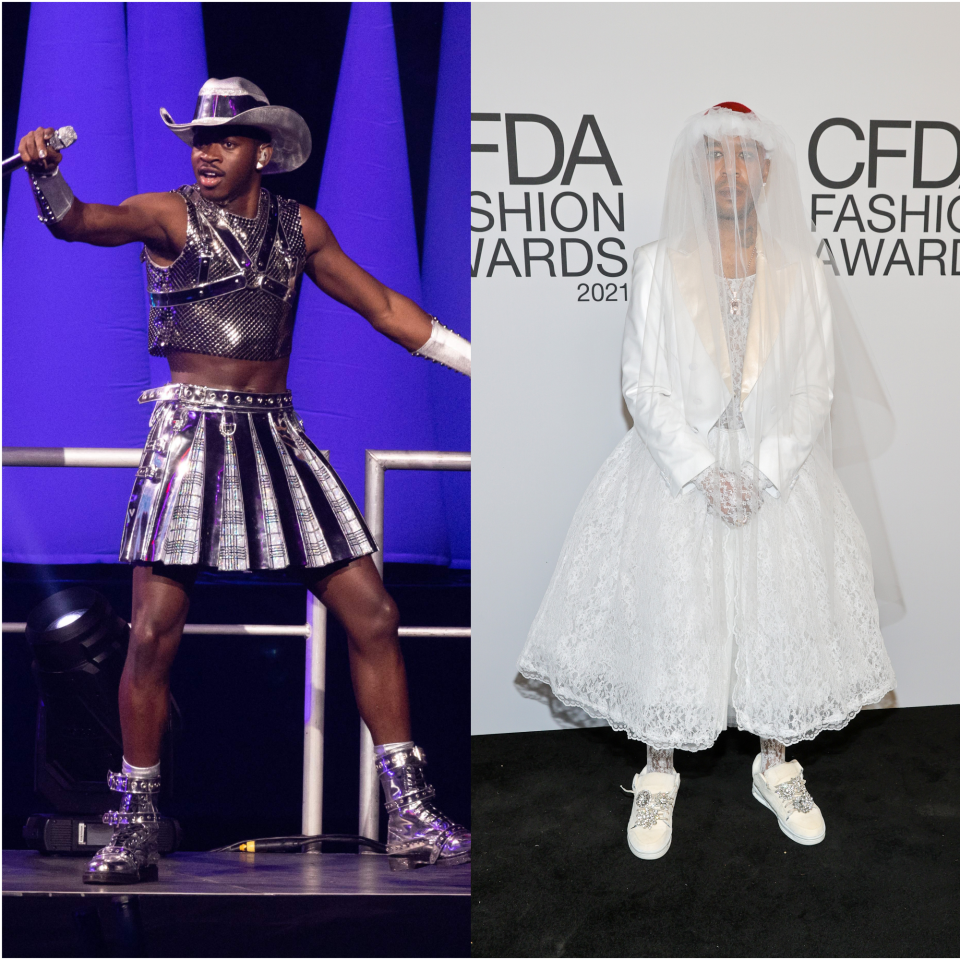 Men such as Lil Nas X, left, and Kid Cudi are increasingly embracing genderfluidity in their fashion choices.  Lil Nas X wore a metallic silver plaid skirt during his iHeartRadio Jingle Ball performance in December, while Kid Cudi rocked a wedding dress-inspired outfit on the red carpet at the CFDA Fashion Awards in November.