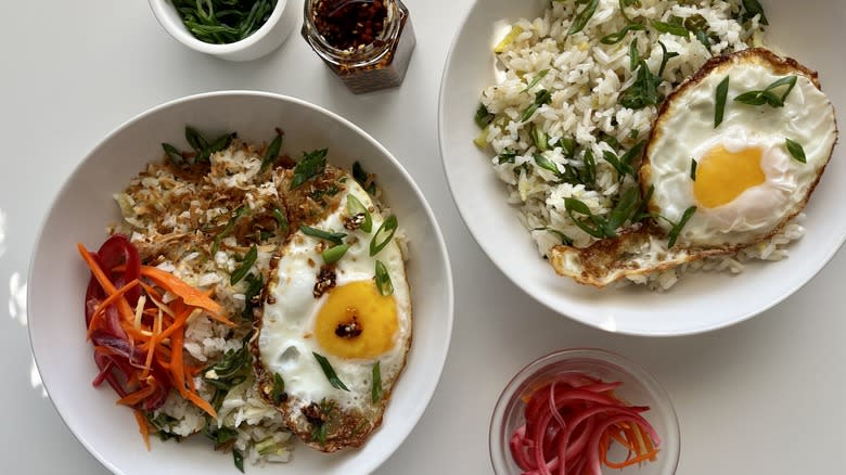 rice bowls with fried eggs