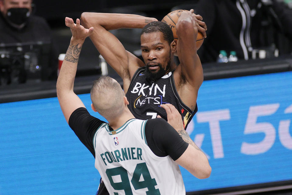 Kevin Durant and the Brooklyn Nets toyed with Evan Fournier and the Boston Celtics in Game 5. (Sarah Stier/Getty Images)