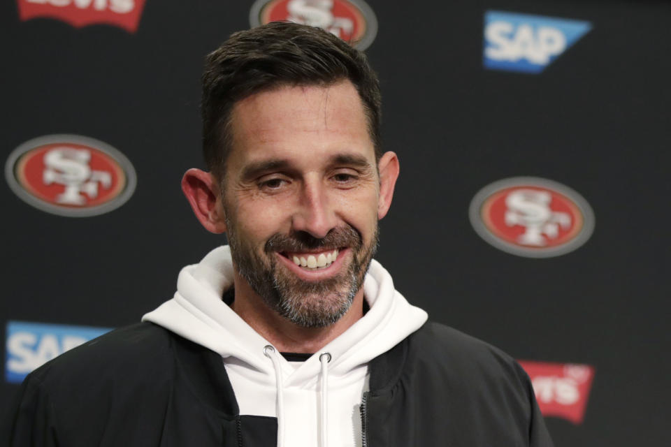 San Francisco 49ers head coach Kyle Shanahan smiles during a news conference after an NFL football game against the Seattle Seahawks, Sunday, Dec. 29, 2019, in Seattle. The 49ers won 26-21. (AP Photo/Stephen Brashear)