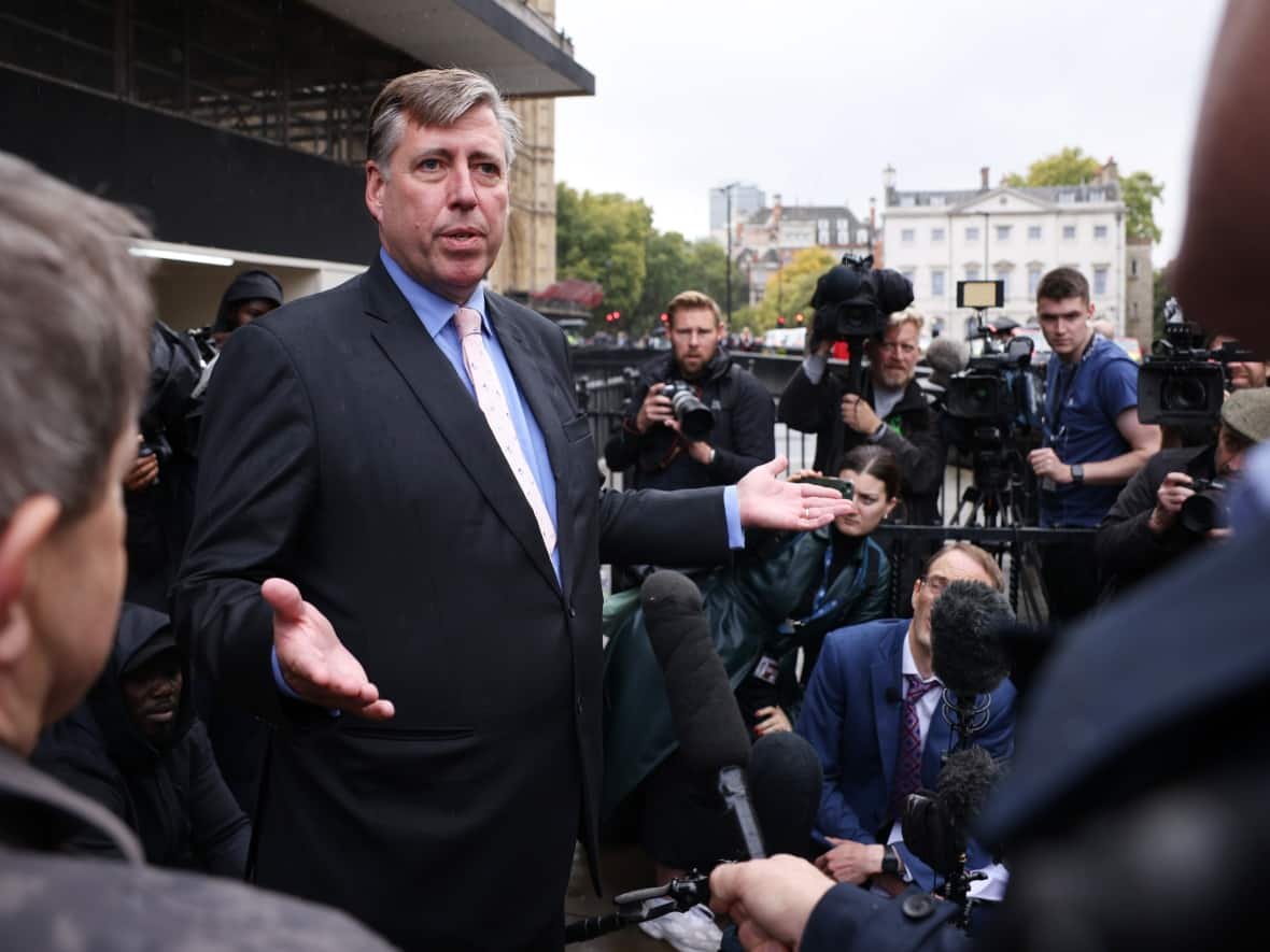 Sir Graham Brady, chairman of the influential committee of Conservative MPs, speaks to the press following the resignation of Liz Truss on Thursday in London. (Dan Kitwood/Getty Images - image credit)