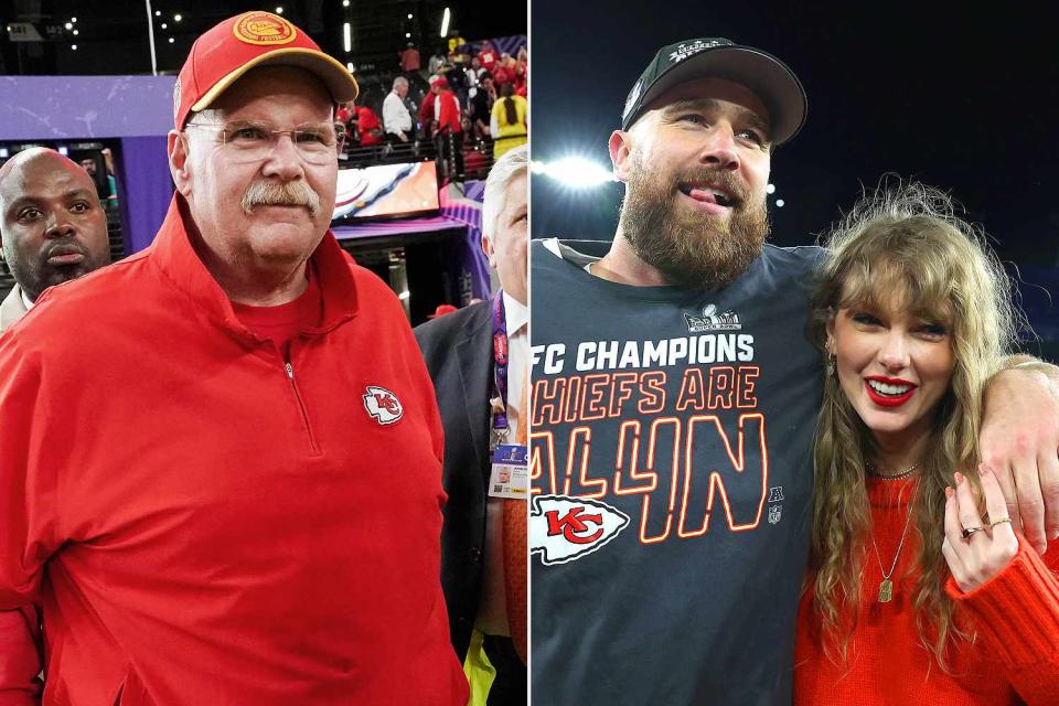 <p>Mary Kouw/CBS via Getty Images; Patrick Smith/Getty Images</p> Andy Reid; Travis Kelce and Taylor Swift