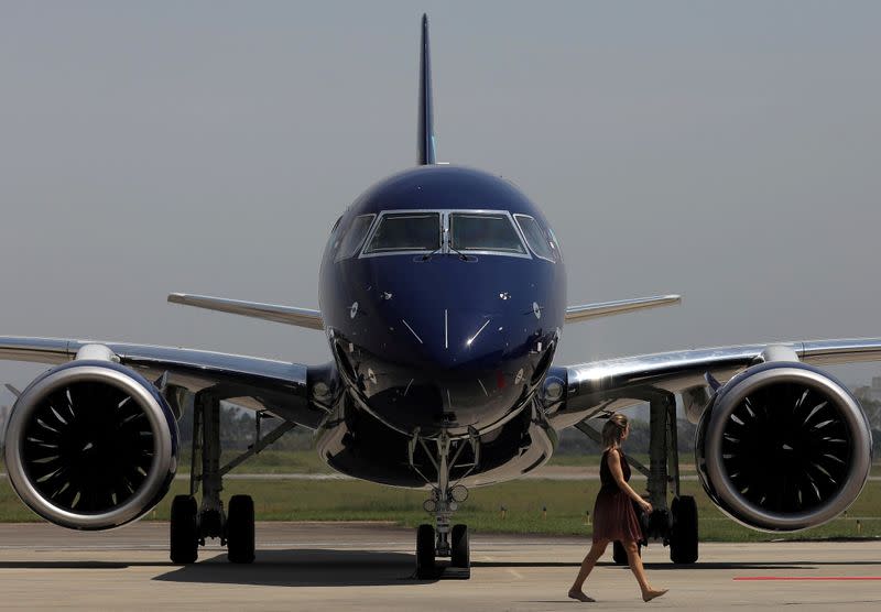 FILE PHOTO: E2-195 plane with Brazil's No. 3 airline Azul SA logo is seen during a launch event in Sao Jose dos Campos