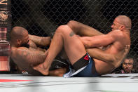 Don'Tale Mayes (left) and Ciryl Gane grapple at UFC Fight Night 162. (PHOTO: Dhany Osman / Yahoo News Singapore)