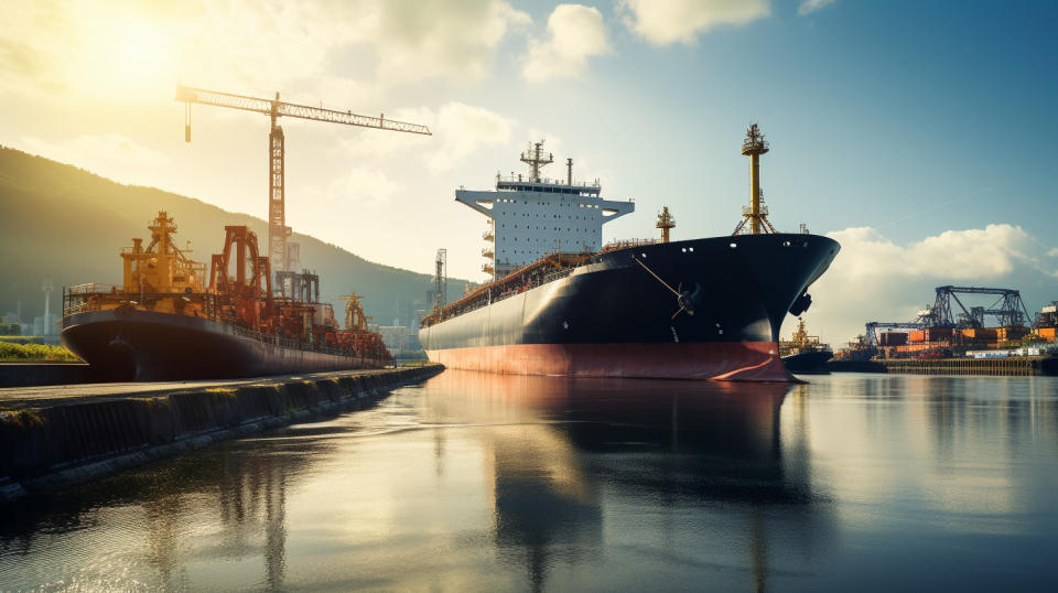 A large oil tanker being filled up in a refinery, a symbol of the company's vast energy production.