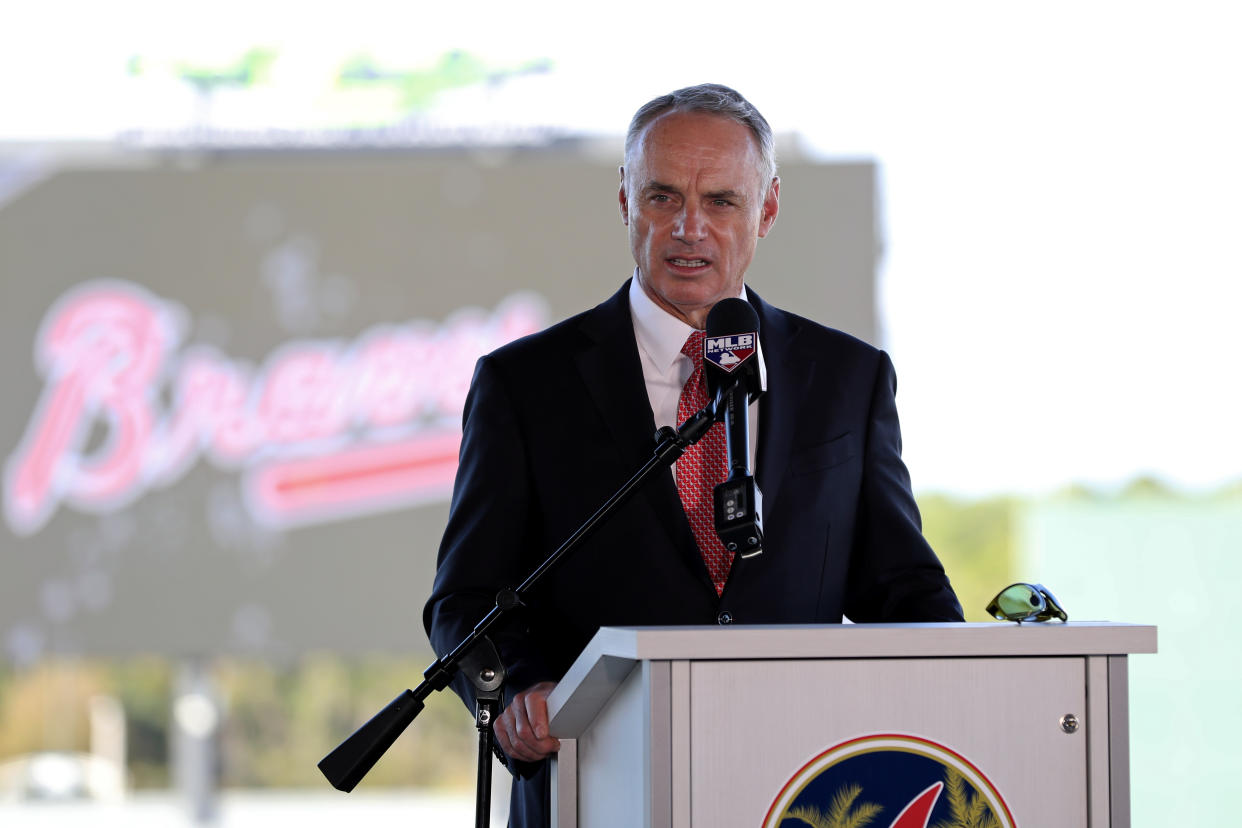 NORTH PORT, FL - FEBRUARY 16:  Major League Baseball Robert D. Manfred Jr. talks to the media during the Grape Fruit League Media Availability press conference at CoolToday Park on Monday, February 16, 2020 in North Port, Florida. (Photo by Mary DeCicco/MLB Photos via Getty Images)