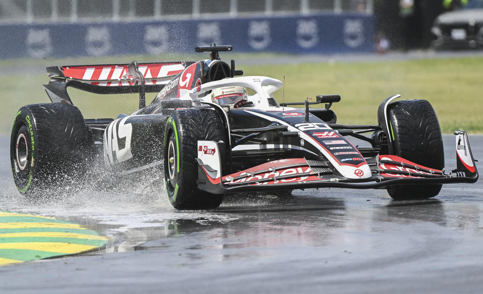 Haas driver Kevin Magnussen of Denmark takes a turn at the Senna corner during practice for the Formula 1 Canadian Grand Prix auto race Friday, June 7, 2024, in Montreal. (Graham Hughes/The Canadian Press via AP)