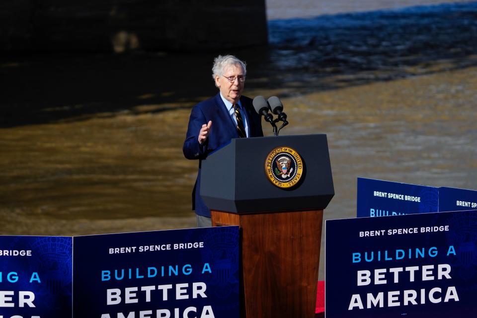 Kentucky Sen. Mitch McConnell speaks ahead of President Joe Biden, as a collection of state leaders joined the President to tout a $1.6 billion federal investment in the long-awaited upgrade of the Brent Spence Bridge,, Wednesday, Jan. 4, 2023, in Covington, Ky. 