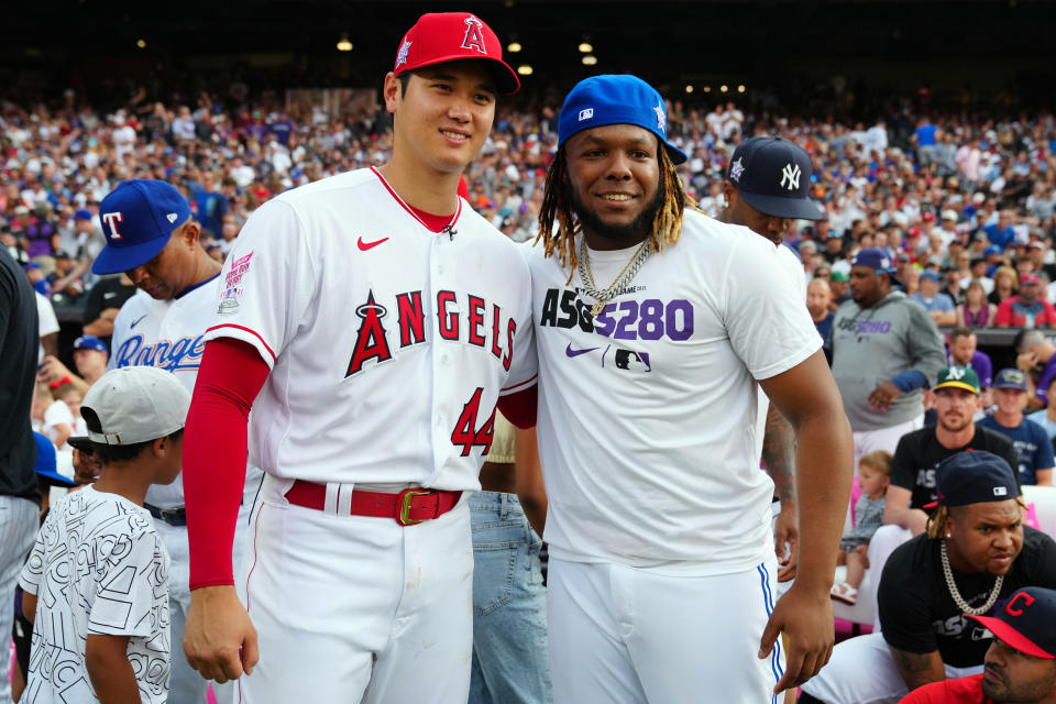 DENVER, CO - JULY 12:  Shohei Ohtani #17 of the Los Angeles Angels and Vladimir Guerrero Jr. #27 of the Toronto Blue Jays pose for a picture during the 2021 T-Mobile Home Run Derby at Coors Field on Monday, July 12, 2021 in Denver, Colorado. (Photo by Daniel Shirey/MLB Photos via Getty Images)