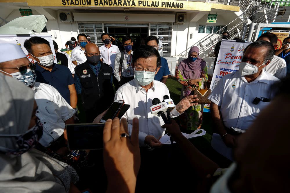 Penang Chief Minister Chow Kon Yeow speaks to reporters during a visit to the City Stadium in George Town July 5, 2021. — Picture by Sayuti Zainudin