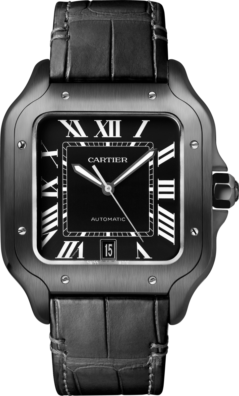 Cartier’s Santos de Cartier large model watch in steel with interchangeable bracelets. - Credit: Vincent De La Faille