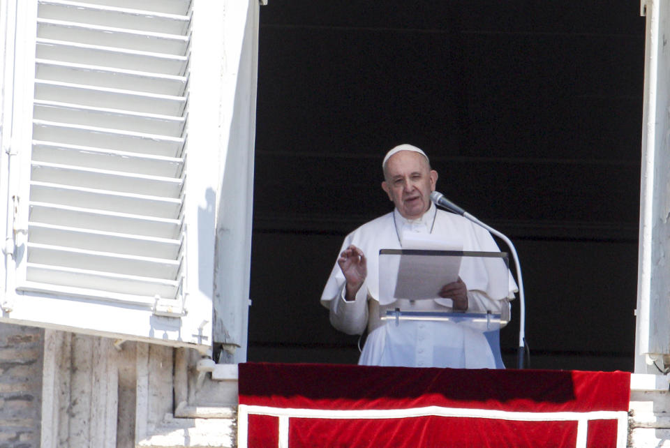 FILE - In this July 5, 2020 file photo, Pope Francis speaks during the Angelus prayer from his studio window overlooking St. Peter's Square at the Vatican. Pope Francis on Saturday, Aug. 15, urged Egypt, Ethiopia and Sudan to continue their talks to resolve a years-long dispute over a massive dam Ethiopia is building on the Blue Nile that has resulted in sharp regional tensions and led some to fear military conflict.(AP Photo/Riccardo De Luca, File)