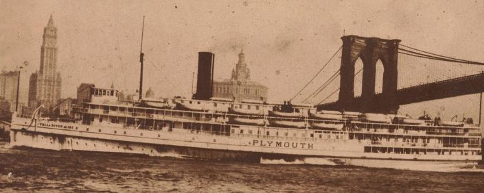 The Fall River Line's passenger steamship Plymouth sails into harbor in Manhattan.