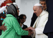 <p>Pope Francis meets with First Nations, Metis and Inuit indigenous communities in Maskwacis, Alberta, Canada July 25, 2022. REUTERS/Amber Bracken</p> 