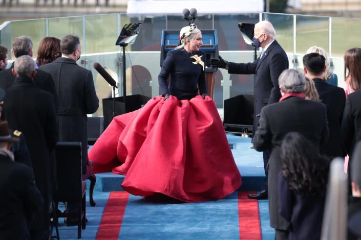 Lady Gaga talks with President Biden at his inauguration.