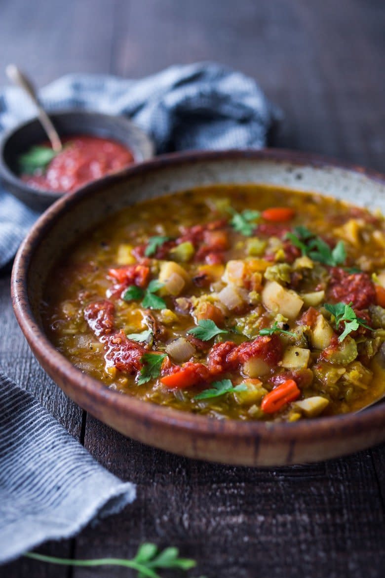 <strong>Get the <a href="https://www.feastingathome.com/instant-pot-split-pea-soup-with-harissa/" target="_blank" rel="noopener noreferrer">Instant Pot Split Pea Soup with Harissa</a> recipe from Feasting At Home.</strong>