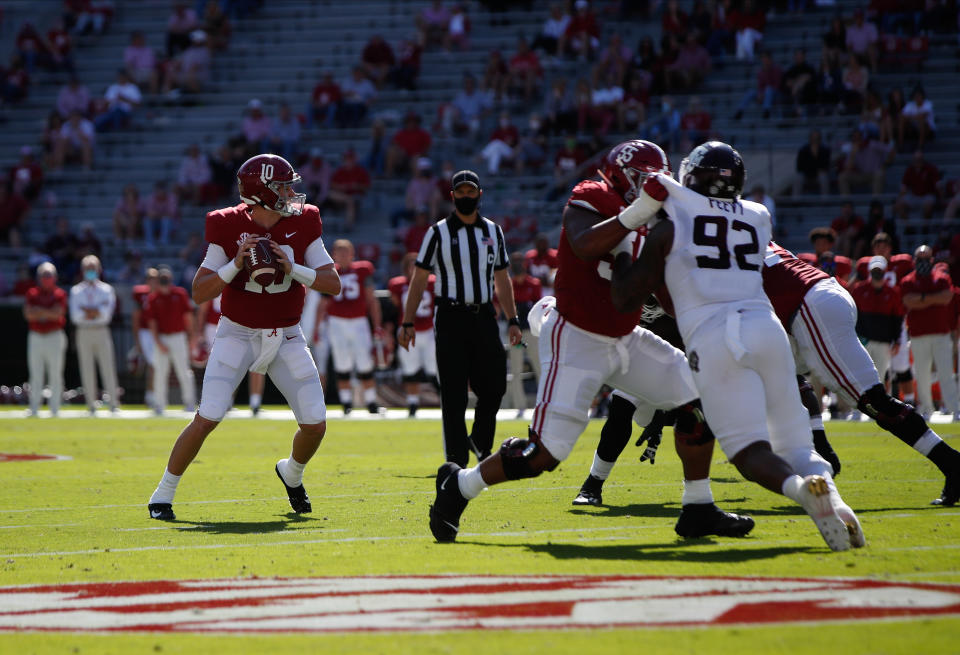 TUSCALOOSA, AL - OCTOBER 3: Mac Jones #10 of the Alabama Crimson Tide looks downfield for a receiver against the Texas A&M Aggies on October 3, 2020 at Bryant-Denny Stadium in Tuscaloosa, Alabama. (Photo by UA Athletics/Collegiate Images/Getty Images)