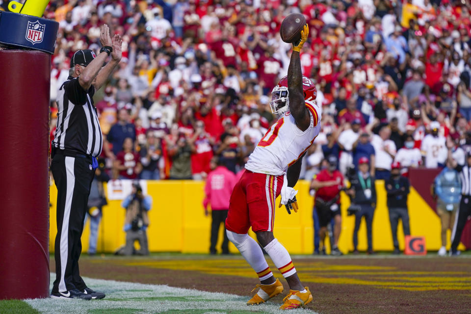 Kansas City Chiefs wide receiver Tyreek Hill (10) celebrates his touchdown against the Washington Football Team during the second half of an NFL football game, Sunday, Oct. 17, 2021, in Landover, Md. (AP Photo/Patrick Semansky)